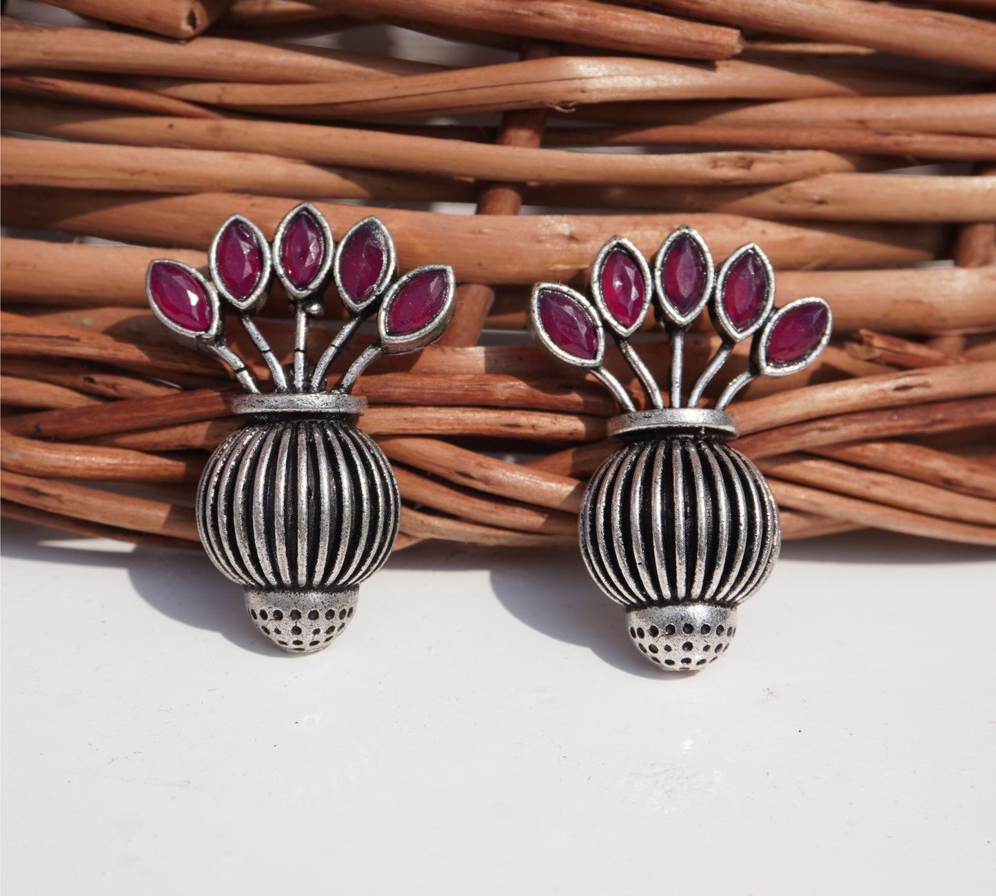 Unique Floral Vase Oxidized Silver Stud Earrings with Ruby Red Stones