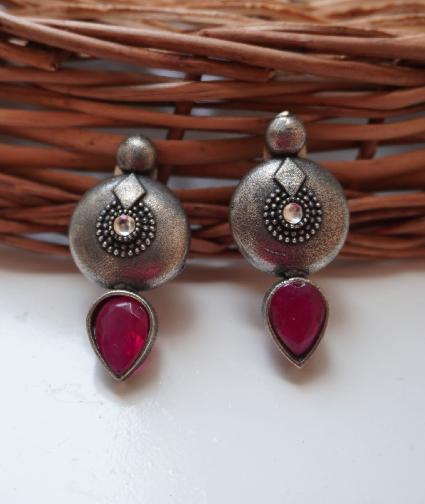 Oxidized Silver Stud Earrings with Stone Drop