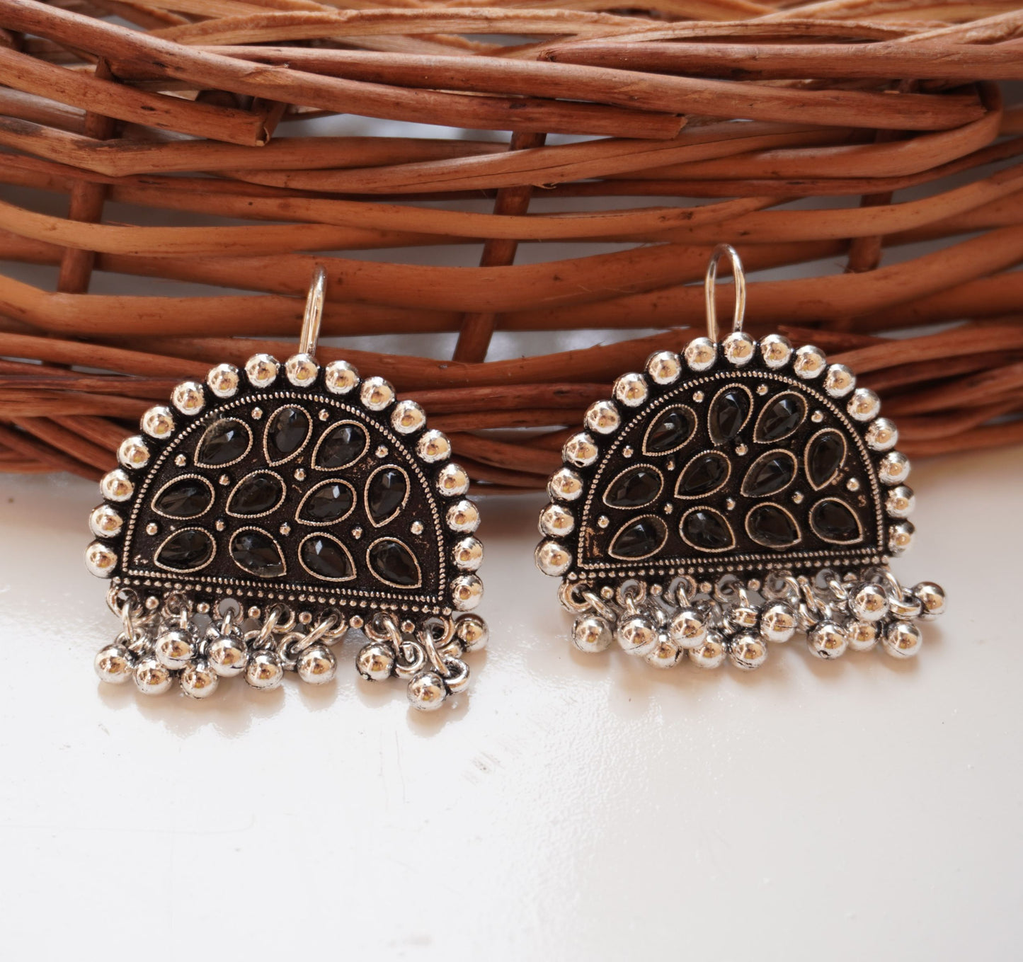 Antique Silver Half-Moon Stone Earrings