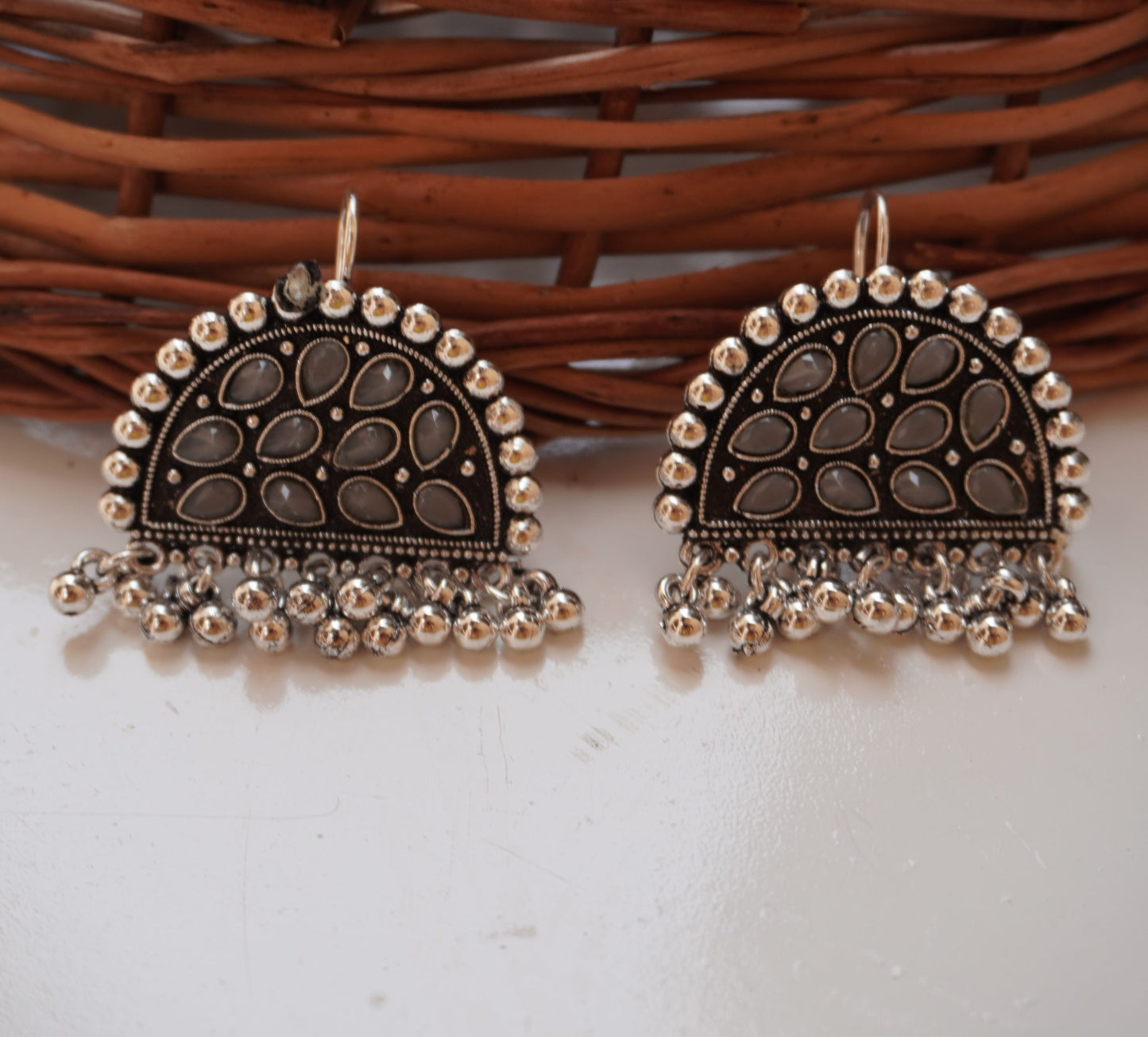 Antique Silver Half-Moon Stone Earrings