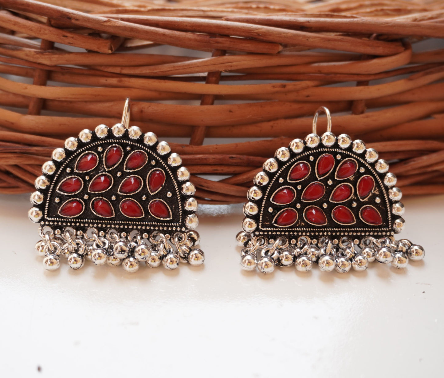 Antique Silver Half-Moon Stone Earrings
