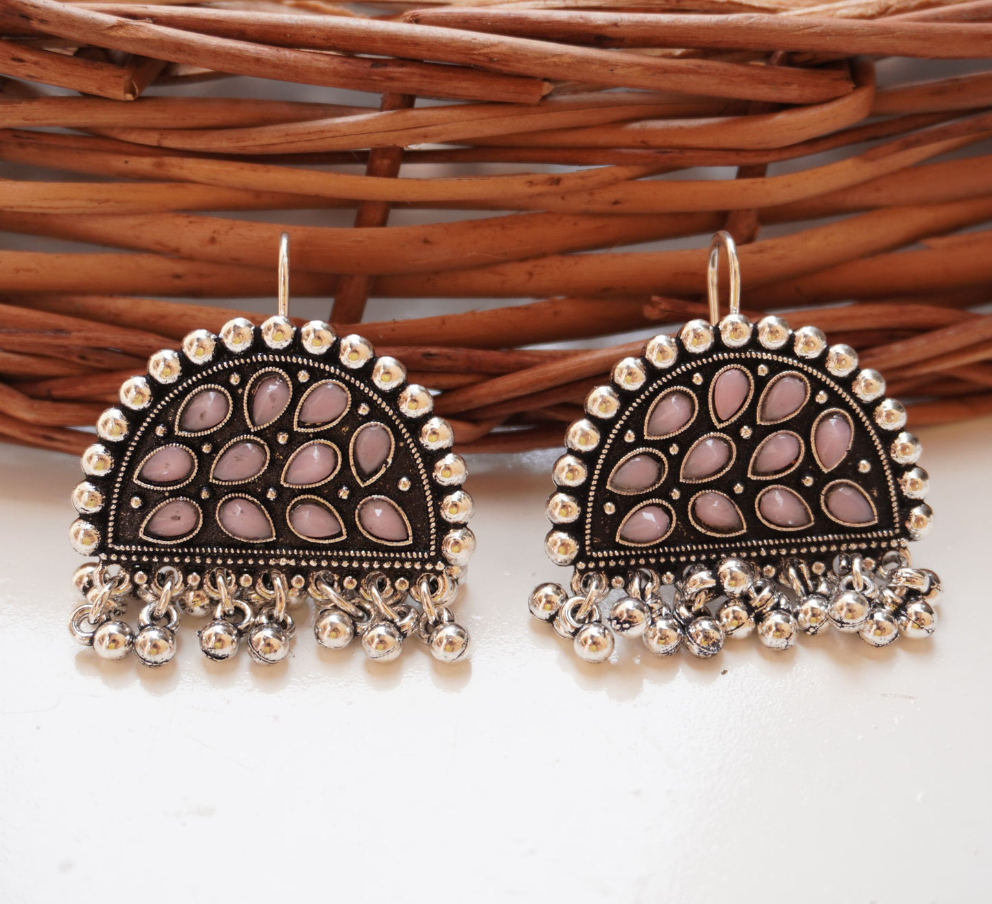 Antique Silver Half-Moon Stone Earrings
