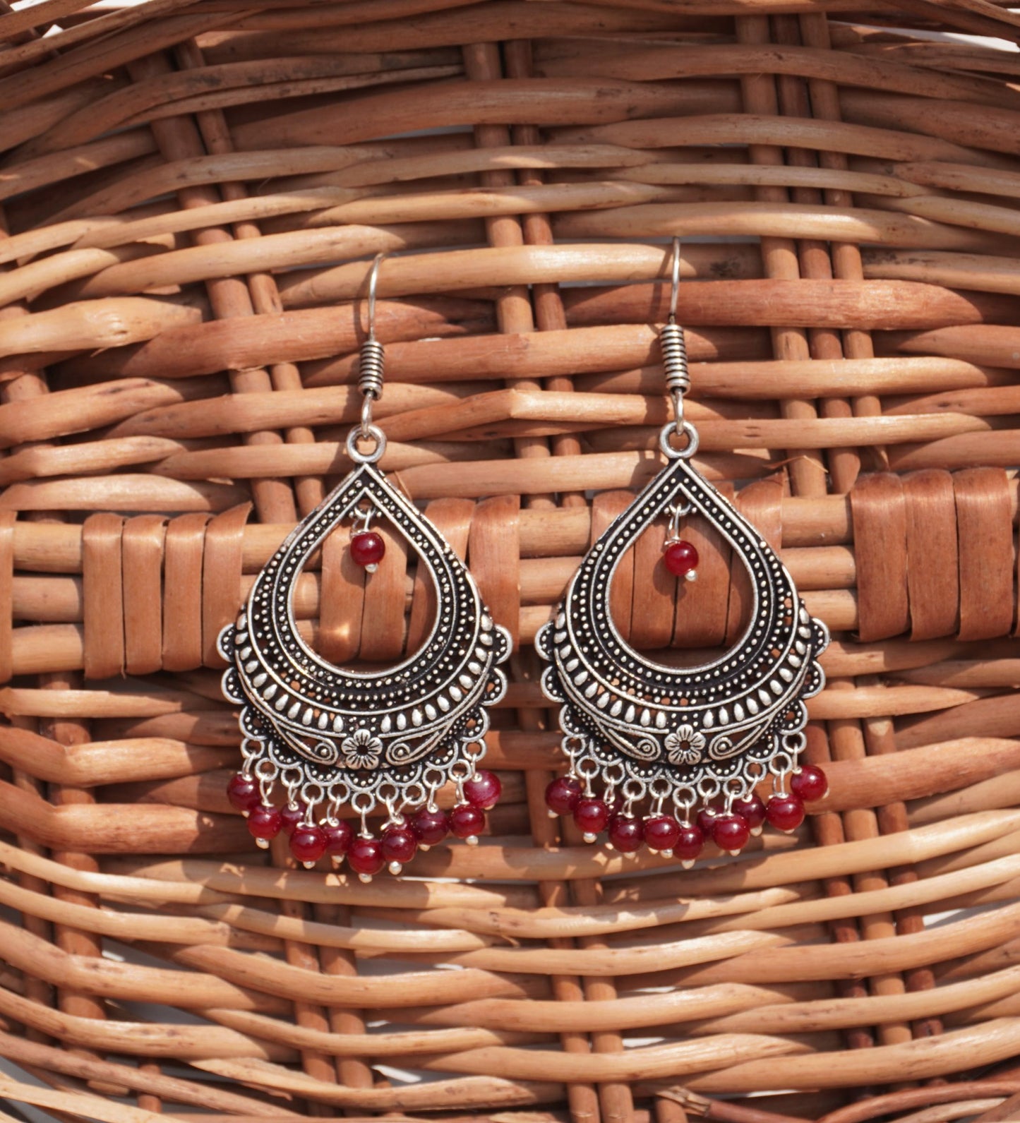 Oxidized Silver Jhumka Drop Earrings with Stone