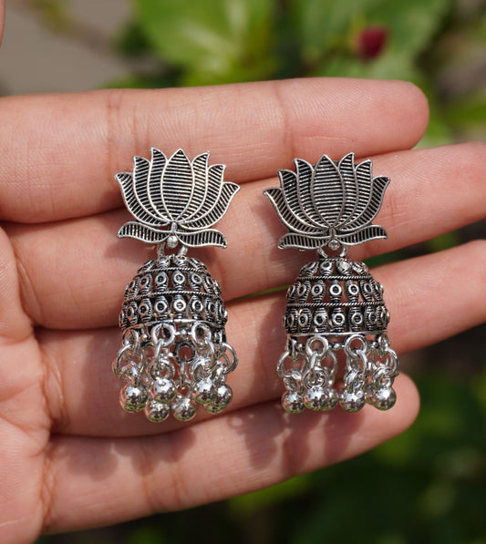 Lotus Design Oxidised Jhumka Earrings