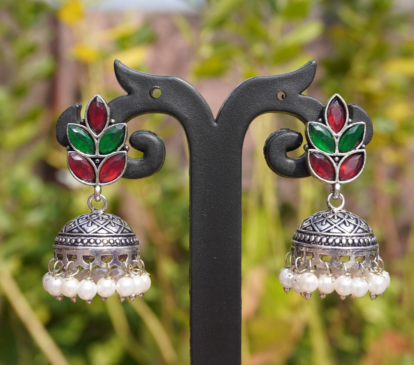 Classic Jhumki with Colorful Enamel Top and Pearl Drops