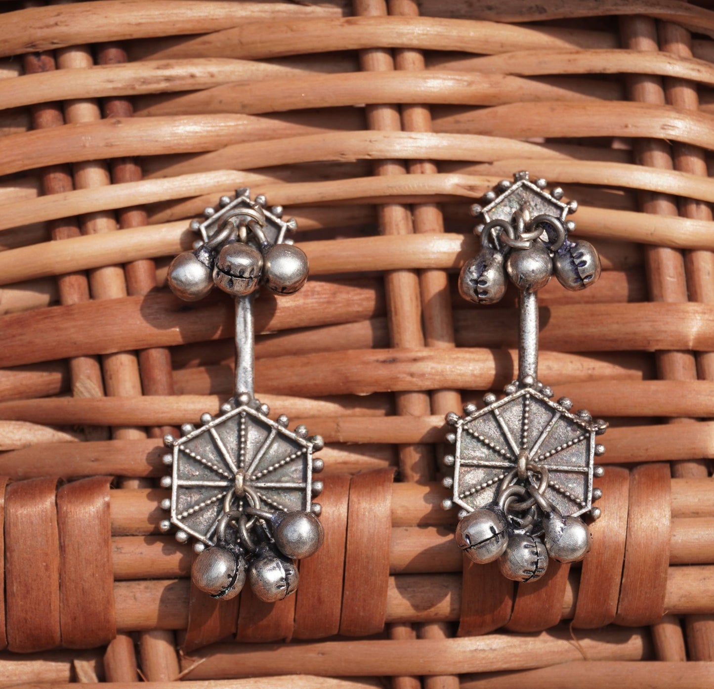 Hexagonal Patterned Silver Statement Earrings