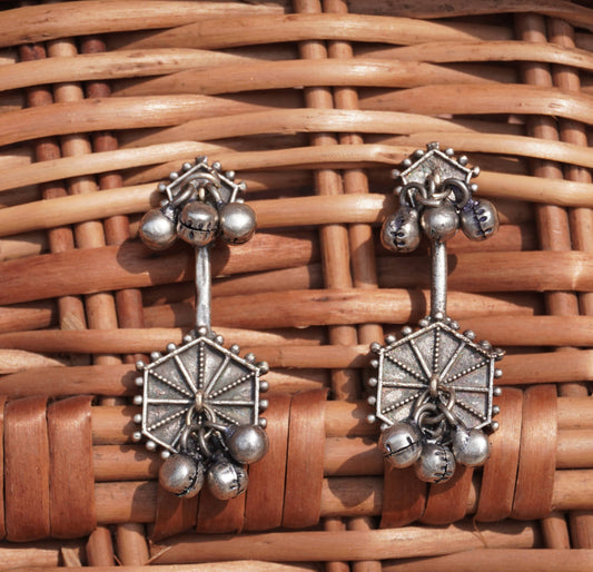 Hexagonal Patterned Silver Statement Earrings