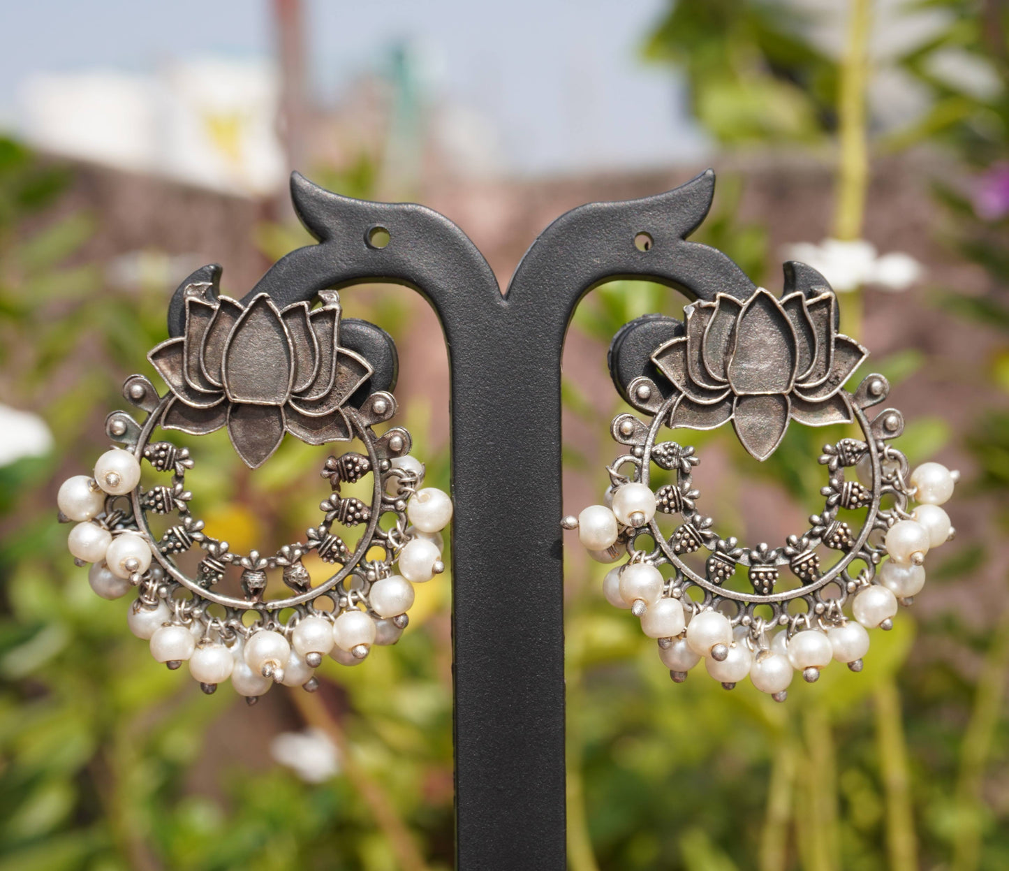 Traditional Silver Lotus Hoop Earrings