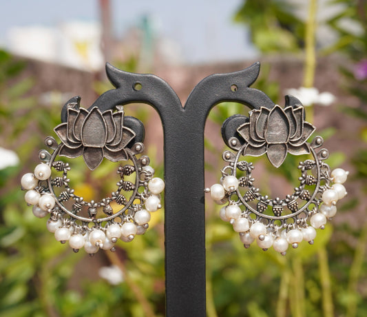 Traditional Silver Lotus Hoop Earrings