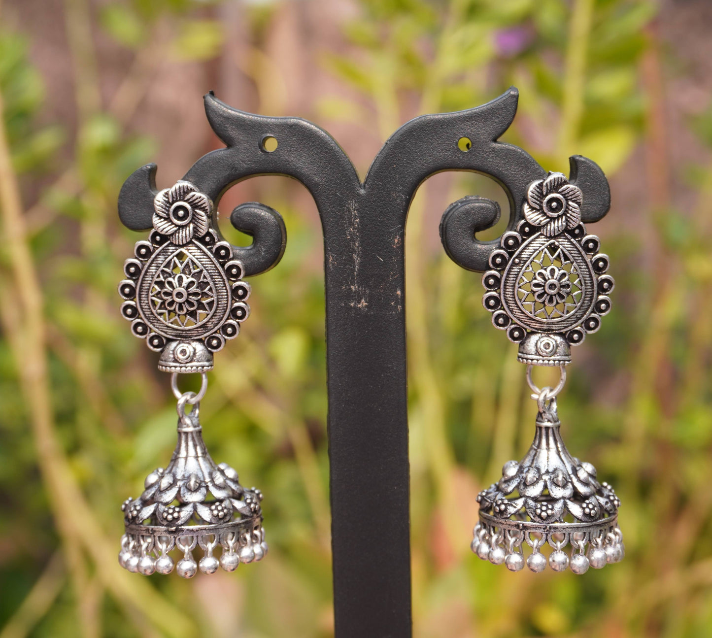 Floral Dome Oxidized Silver Jhumka Earrings