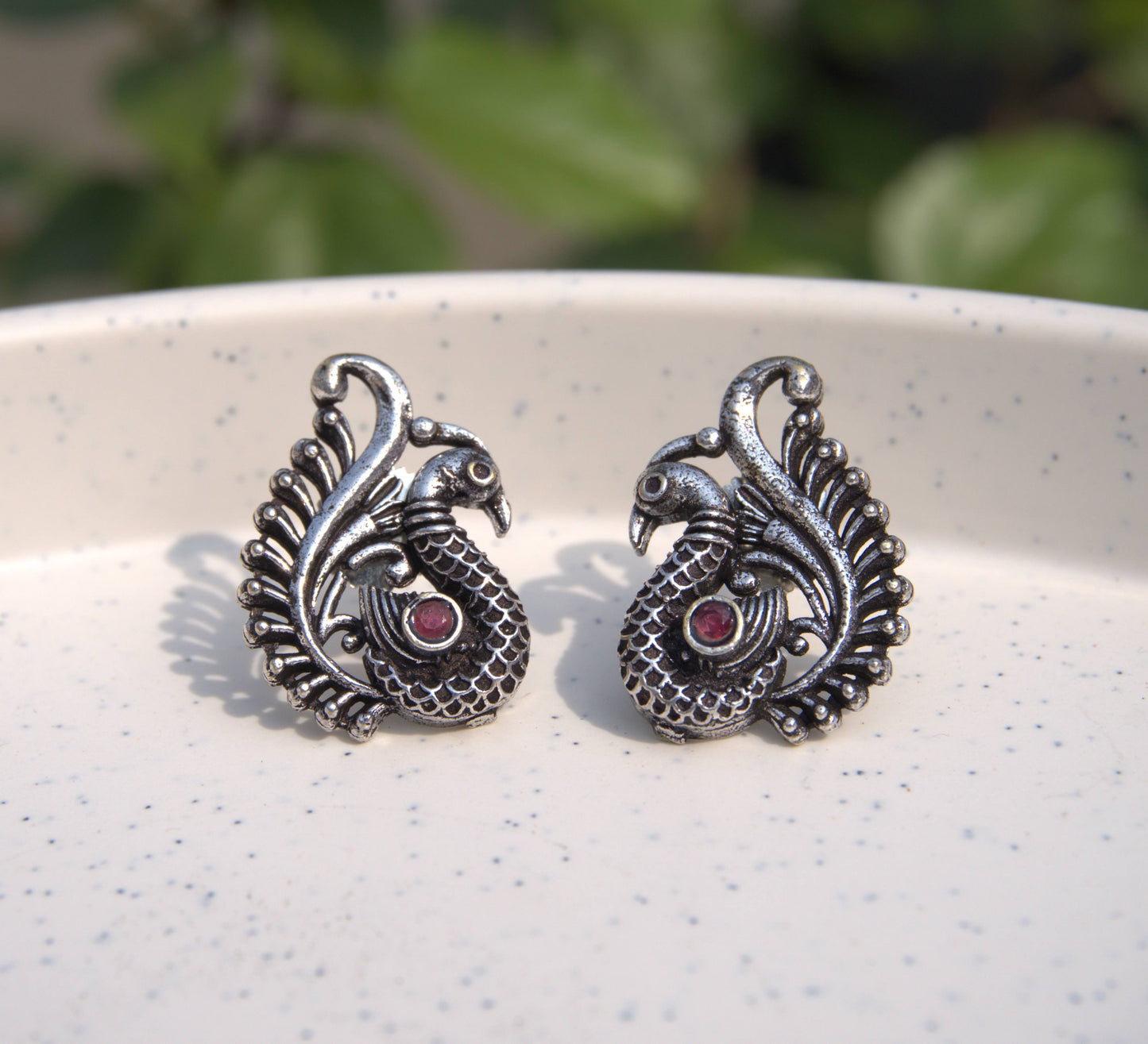 Intricate Oxidized Peacock Stud Earrings
