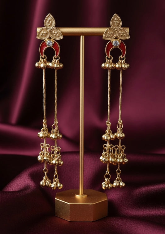 Kashmiri Triple-Drop Lotus Jhumka Earrings – Red Meenakari & Golden Ghungroo Dangler