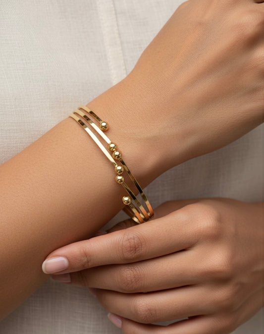Trinity Gilded Ball Cuff – Triple-Row Sculptural Open Bangle