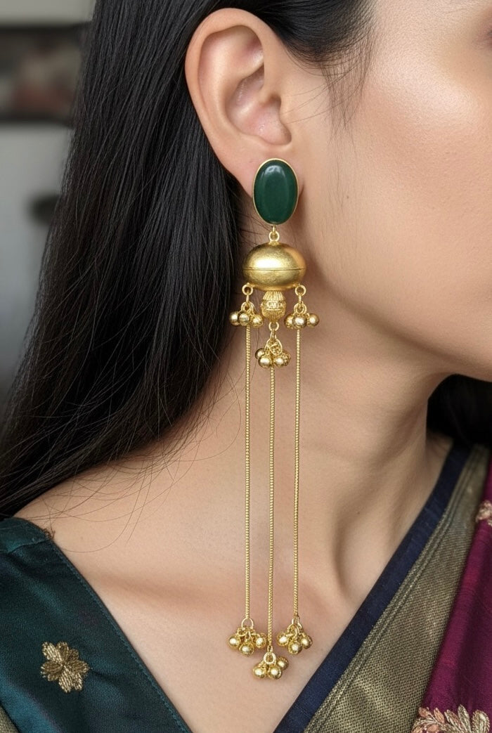 Kashmiri Royal Long Drop Earrings – Green Stone & Golden Bell Jhumka Chains