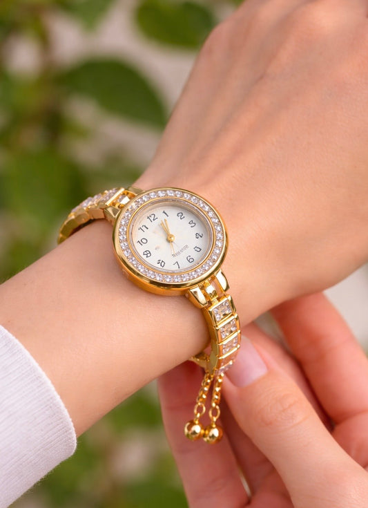 Luxe Crystal-Encrusted Gold Bracelet Watch | Elegant Link Timepiece with Bolo Clasp