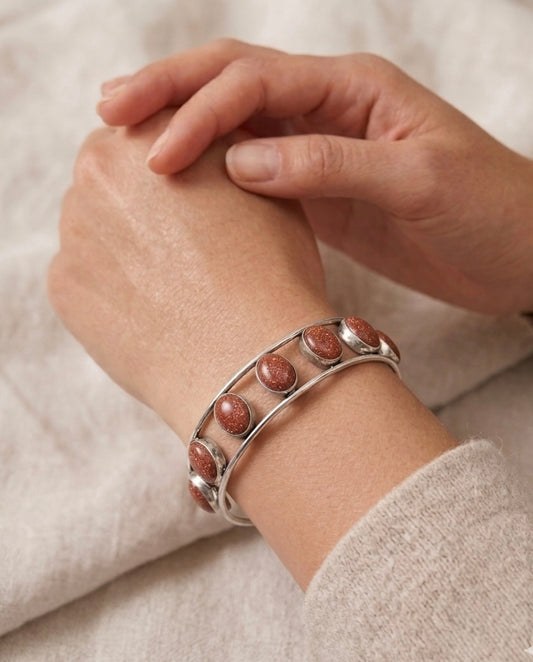 Artisan Silver Cuff with Oval Sandstone Cabochons | Boho Multi-Stone Statement Bracelet