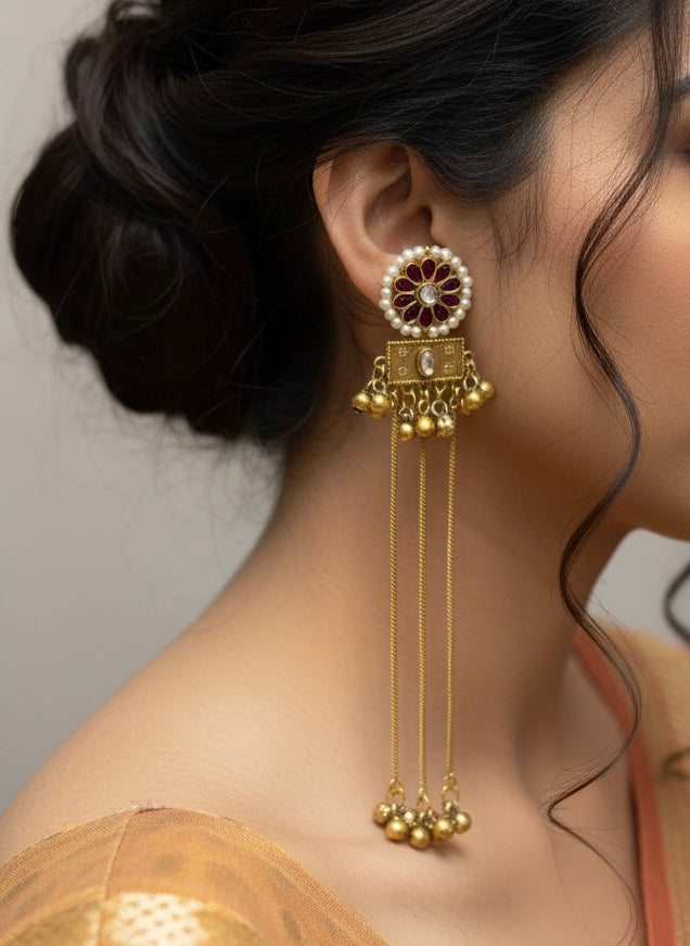 Royal Kashmiri Pearl & Ruby Drop Earrings with Long Golden Chains