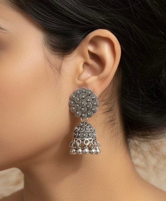 Vintage Oxidized Silver Floral Mini Jhumka Earrings