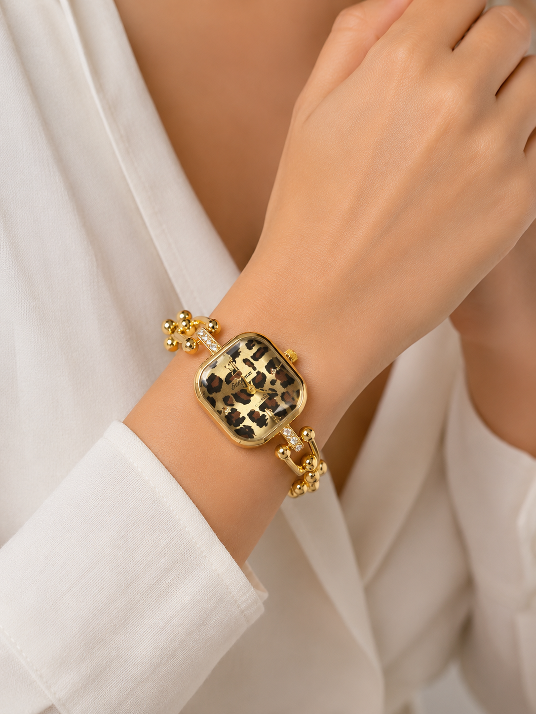 Leopard Print Cushion Dial Golden Bracelet Watch | Beaded Chain & Crystal Accent Timepiece