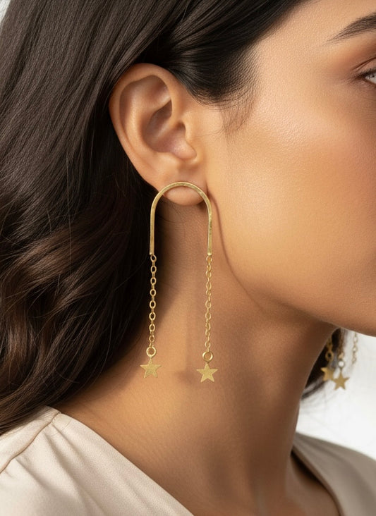 U-Shape Arch Earrings with Hanging Star Chains