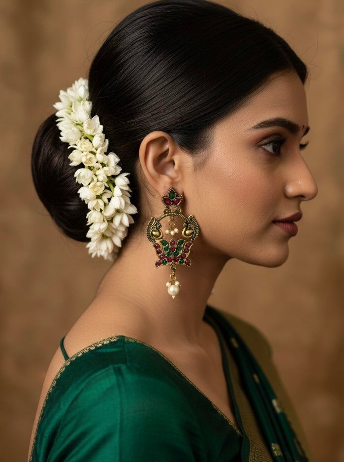 Antique Temple Earrings with Ruby & Green Stones