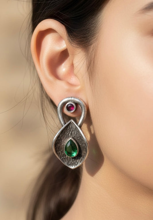 Oxidised Silver Ghungroo-Inspired Green Stone Stud Earrings
