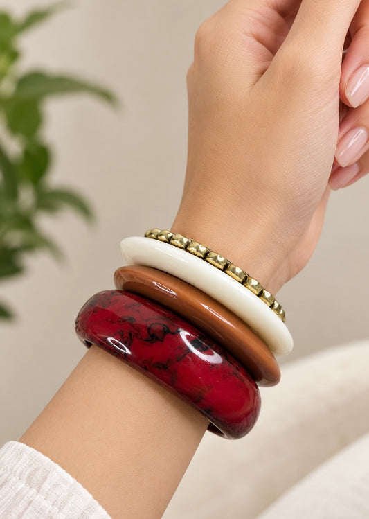 Crimson Marble & Warm Neutral Resin Bangle Stack | Golden Scallop Beaded Bracelet Set (Set of 4)