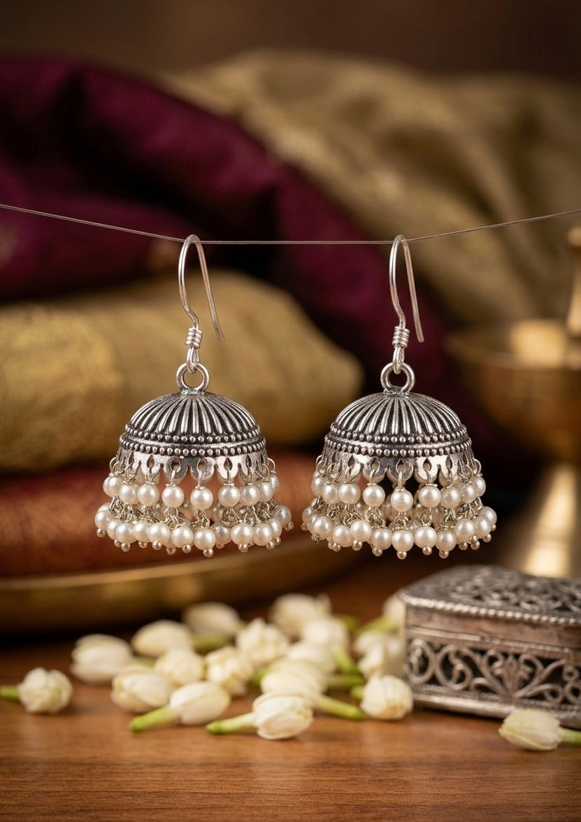 Striated Oxidized Silver Jhumkas – Double Layer Pearl Drop Ethnic Earrings