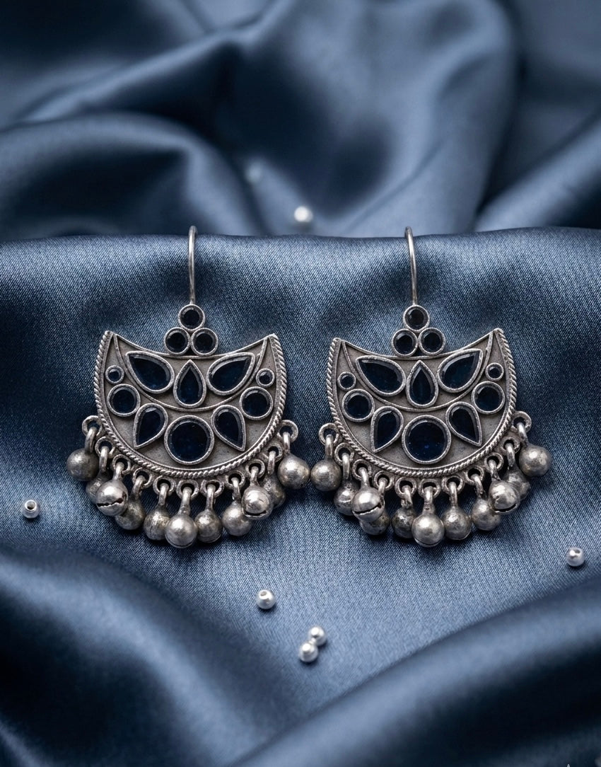 Boho Crescent Oxidized Jhumkas – Tribal-Inspired Silver Bell Earrings with Midnight Blue Inlay