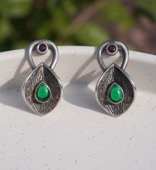 Oxidised Silver Ghungroo-Inspired Green Stone Stud Earrings