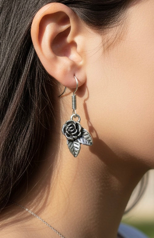 Sterling Silver Rose Drop Earrings | Premium Botanical Charm Dangles