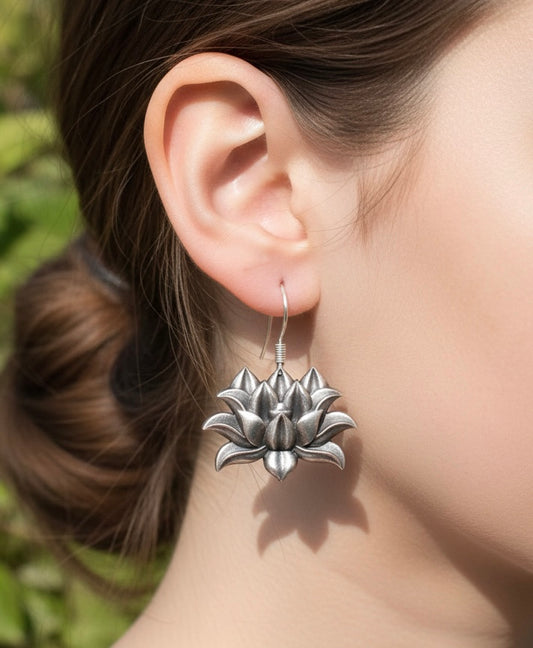 Antique Finish Tribal Earring Set – 3 Pairs of Traditional Lotus, Jhumkas, and Crescent Studs