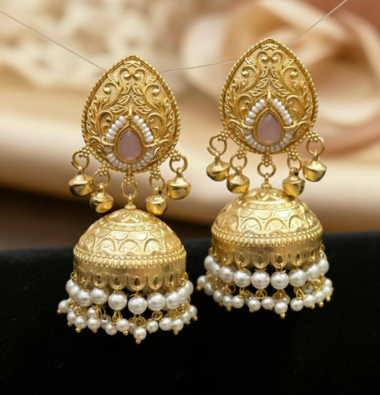Noorani Floral Jhumkas – Ornate Gold & Seed Pearl Heritage Earrings