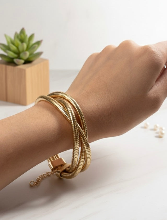 Multi-Strand Gold-Toned Coil Bracelet | Flexible Herringbone Snake Chain Cuff