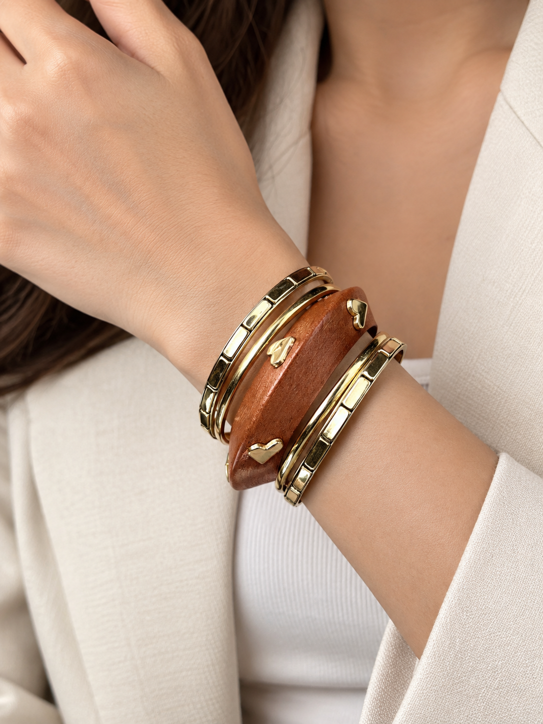 Carved Wood & Golden Heart Stud Bangle Stack