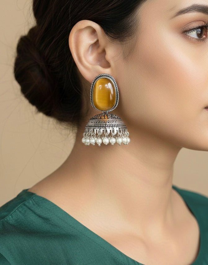 Oxidized Silver Onyx-Style Jhumka Earrings | Traditional Pearl Droplet Dangles