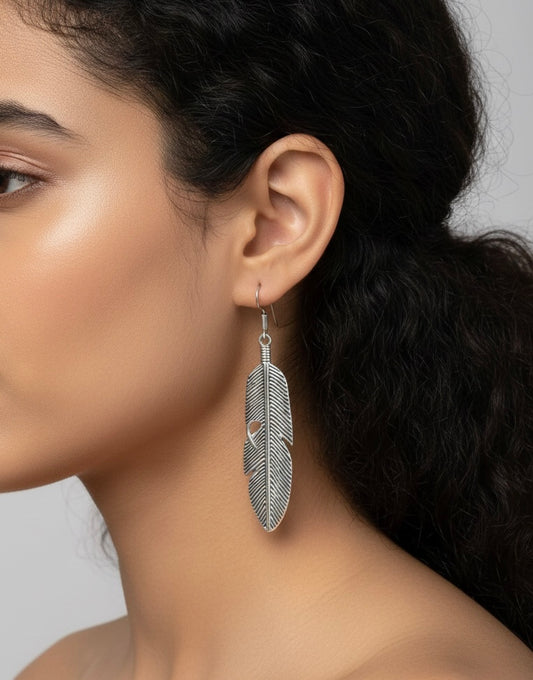 Bohemian Oxidized Silver Feather Dangles | Artisan Textured Plume Drop Earrings