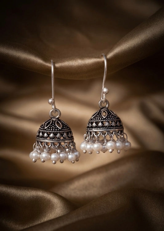 Silver Oxidized Bell Jhumki Earrings with Delicate White Pearls