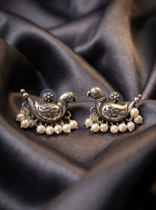 Sterling Silver Bird Motif Studs with Pearl Droplets
