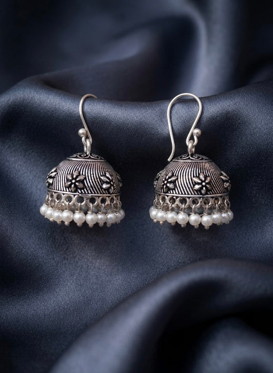 Oxidized Silver Jhumka Earrings with Delicate Pearl Drops