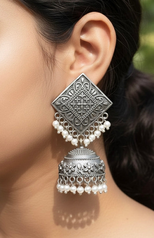 Trending Premium Oxidised Square Jhumka Earrings with Pearl Drops