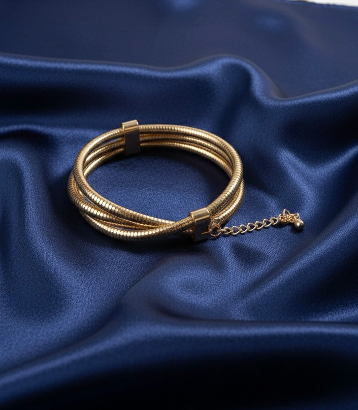 Multi-Strand Gold-Toned Coil Bracelet | Flexible Herringbone Snake Chain Cuff