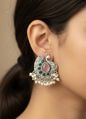 Peacock Motif Oxidised Silver Jhumka Earrings with Pearl Detailing