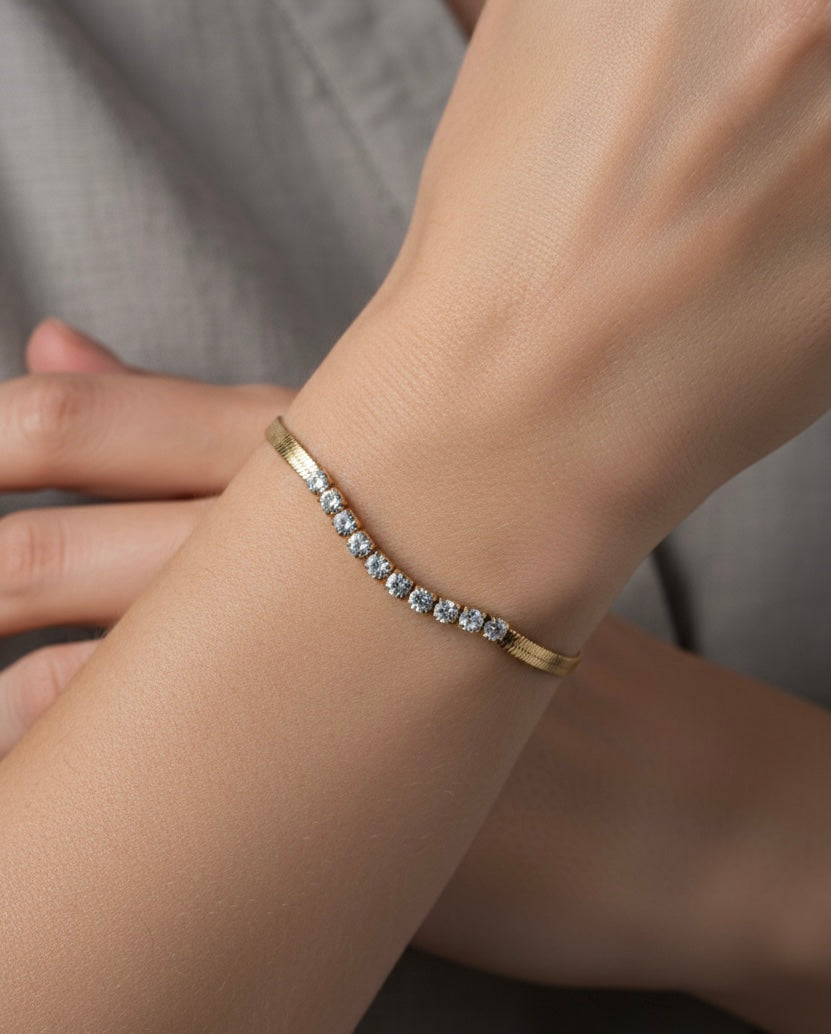 Aurora Crystal Inlay Bracelet – Polished Gold Flat Snake Chain