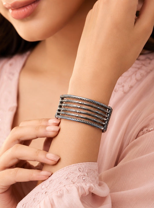Antique Multi-Strand Ladder Cuff Bracelet | Oxidized Tribal Textured Statement Bangle