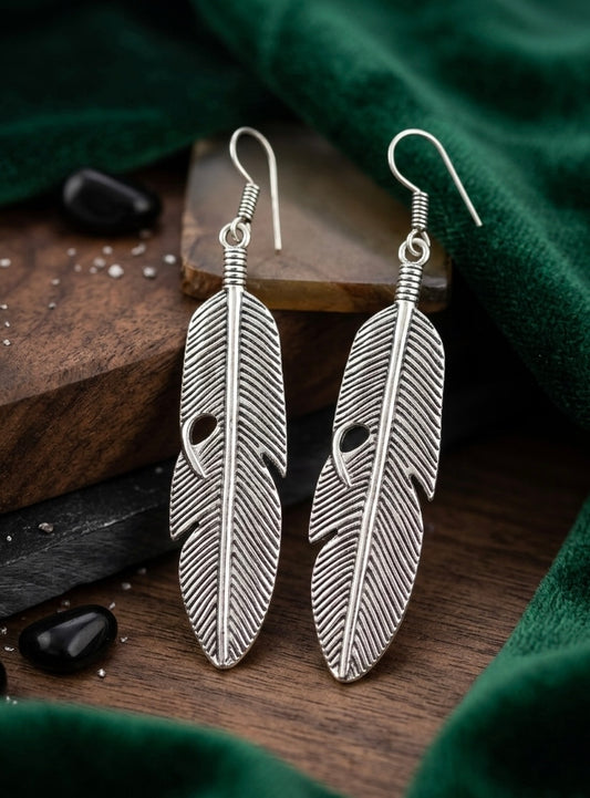 Bohemian Oxidized Silver Feather Dangles | Artisan Textured Plume Drop Earrings