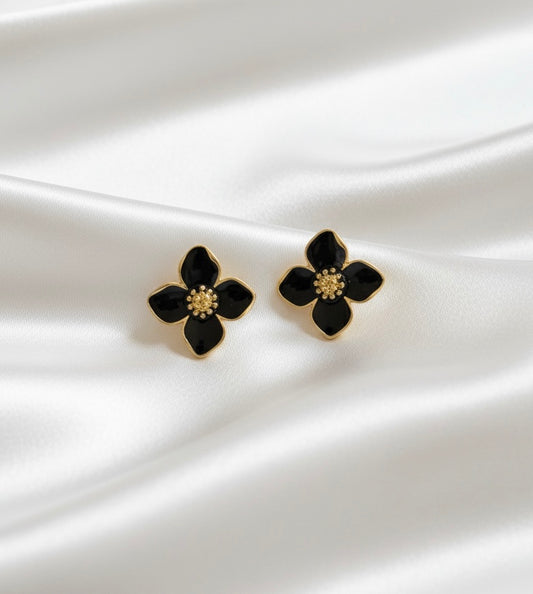 Chic Black Enamel Flower Stud Earrings with Gold Toned Finish