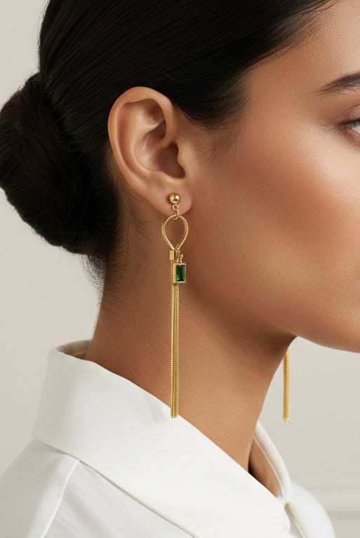 Emerald Baguette Loop Earrings – Sleek Gold Serpent Chain Dangles
