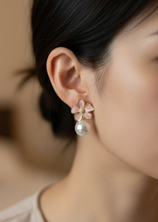 Blush Enamel Flower & Faux Pearl Drop Earrings