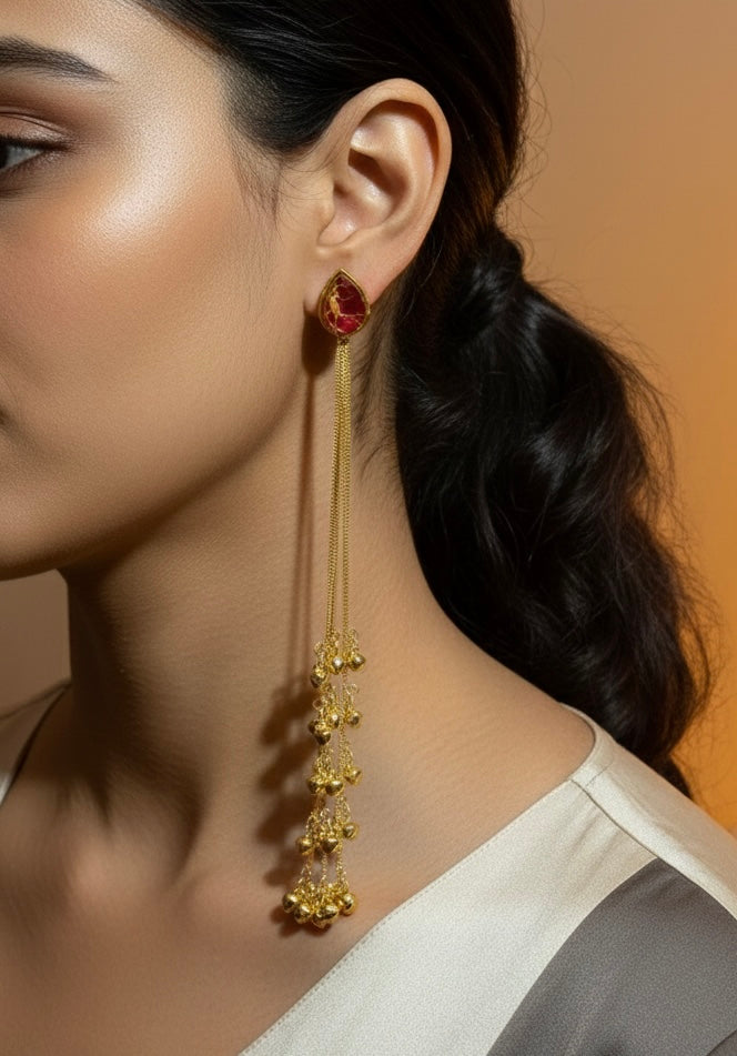 Regal Stone & Long Gold Chain Dangler Earrings | Kashmiri Jhumka